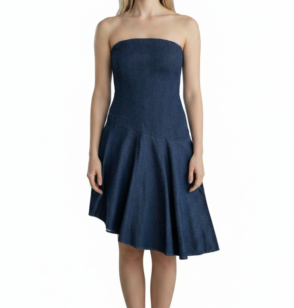 Zara Dark Blue Denim Strapless Asymmetric Dress Size Large